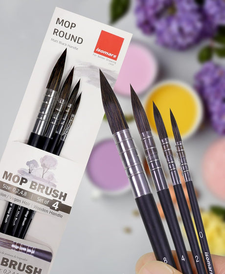 Isomars Mop Brush Set of 4 - Professional Watercolor Paint Brushes- Round Wash Brushes Ideal for Watercolor, Acrylic, Gouache, and Ink - Artist Grade Soft Synthetic Hair (Size: 0, 2, 4 & 8) - Isomars