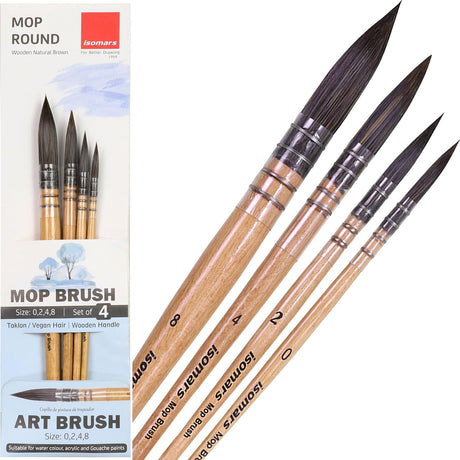 Isomars Mop Brush Set of 4 - Professional Watercolor Paint Brushes with Natural Wooden Handles - Ideal for Watercolor, Acrylic, Gouache, and Ink - Artist Grade Soft Synthetic Hair (Size: 0, 2, 4 & 8) - Isomars