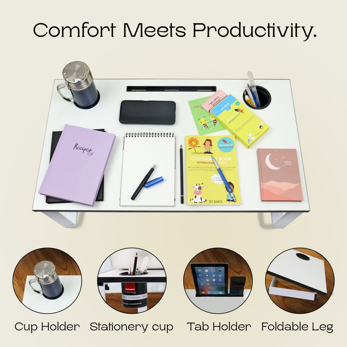 Isomars Multipurpose Bed Desk / Floor Desk Laptop Study Table for Work from Home, Online Classes, Card Games and Kid's Activities, Length - 76 cm, Width - 43 cm and Height - 25 cm (White) - Isomars