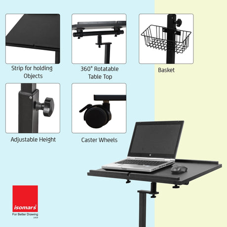 Isomars Multipurpose Laptop Table Hospital Table Study Desk, Caster Lockable Wheels, & Height Adjustable for Breakfast Table, Work from Home & Online Classes (Table Top - 24'' x 16'') - Isomars