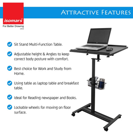 Isomars Multipurpose Laptop Table Hospital Table Study Desk, Caster Lockable Wheels, & Height Adjustable for Breakfast Table, Work from Home & Online Classes (Table Top - 24'' x 16'') - Isomars