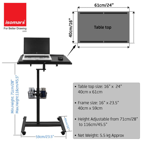 Isomars Multipurpose Laptop Table Hospital Table Study Desk, Caster Lockable Wheels, & Height Adjustable for Breakfast Table, Work from Home & Online Classes (Table Top - 24'' x 16'') - Isomars