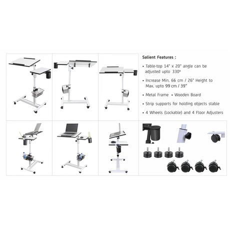 Isomars Multipurpose Laptop Table Study Desk, Caster Lockable Wheels, & Height Adjustable for Breakfast Table, Work from Home & Online Classes (White) - Isomars