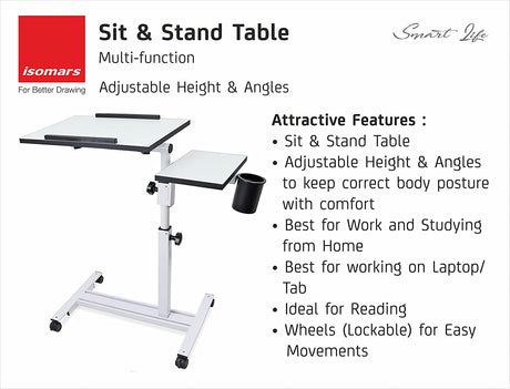 Isomars Multipurpose Laptop Table Study Desk, Caster Lockable Wheels, & Height Adjustable for Breakfast Table, Work from Home & Online Classes (White) - Isomars