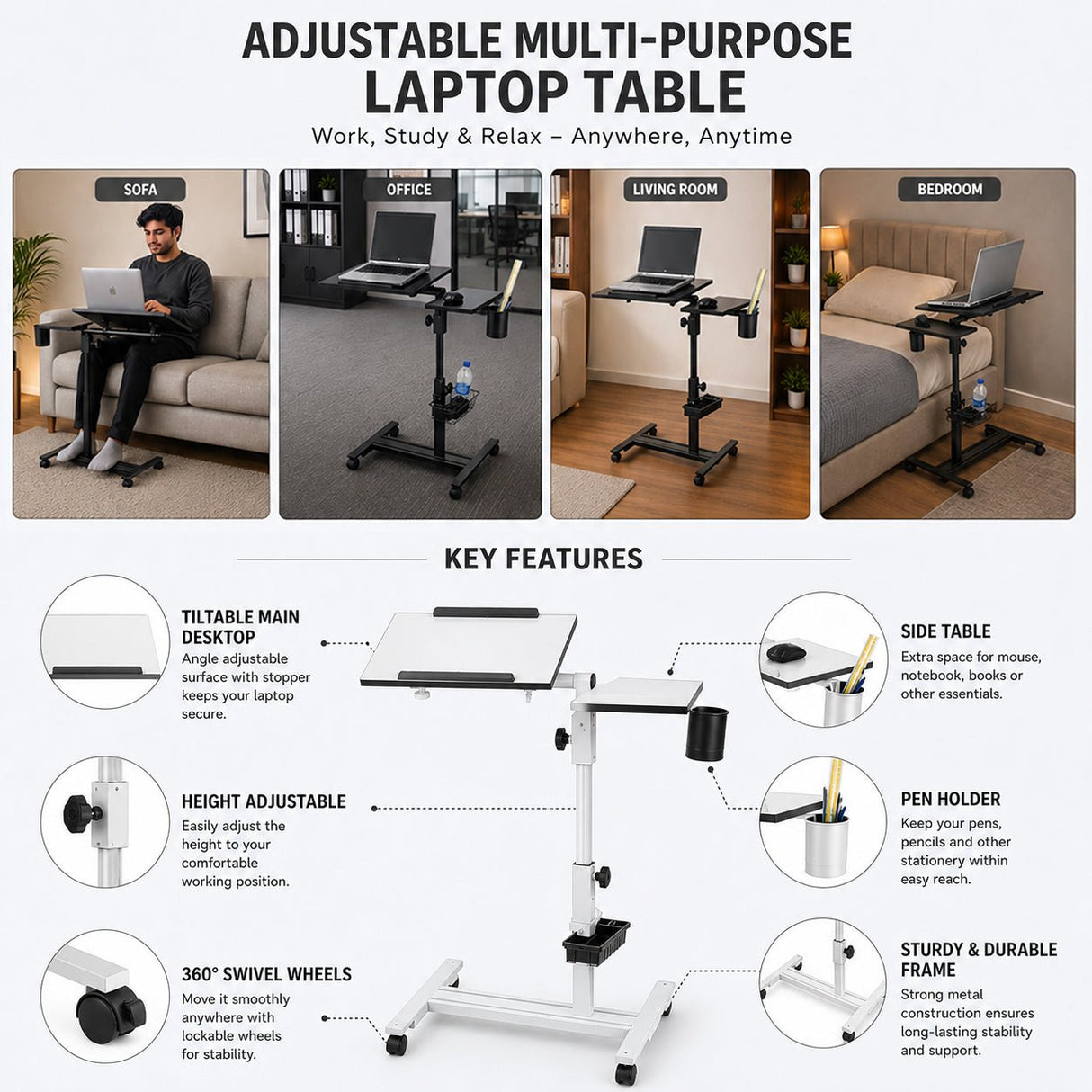 Isomars Multipurpose Laptop Table Study Desk, Caster Lockable Wheels, & Height Adjustable for Breakfast Table, Work from Home & Online Classes (White) - Isomars