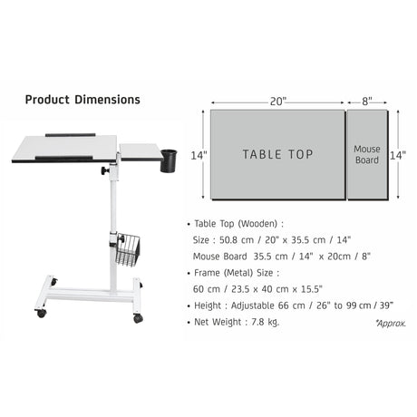 Isomars Multipurpose Laptop Table Study Desk, Caster Lockable Wheels, & Height Adjustable for Breakfast Table, Work from Home & Online Classes (White) - Isomars