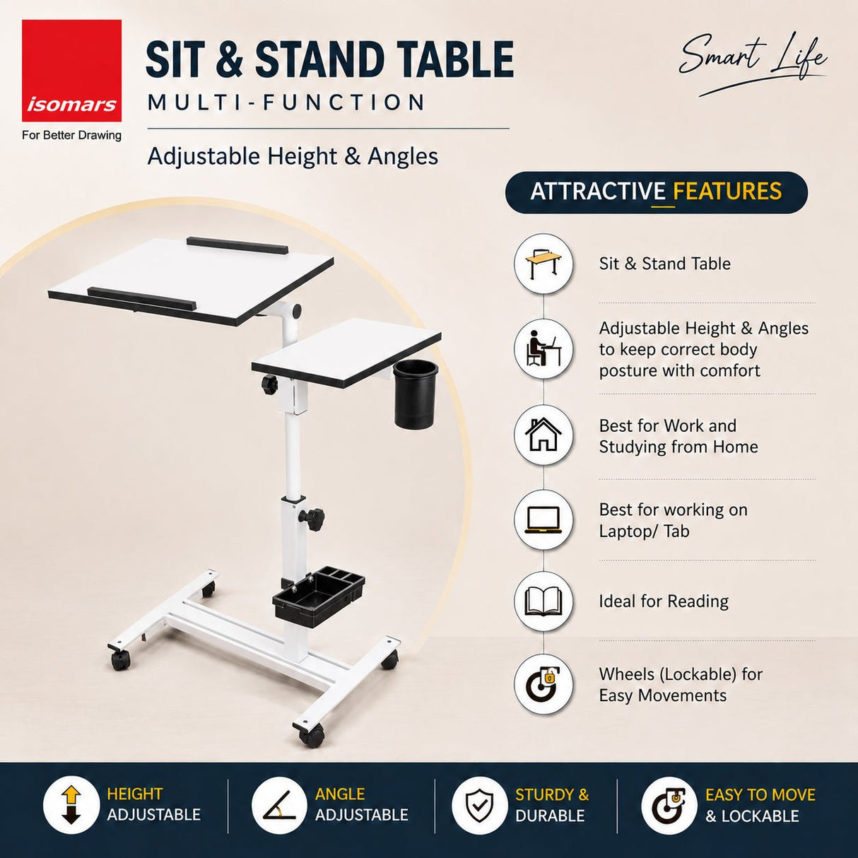 Isomars Multipurpose Laptop Table Study Desk, Caster Lockable Wheels, & Height Adjustable for Breakfast Table, Work from Home & Online Classes (White) - Isomars