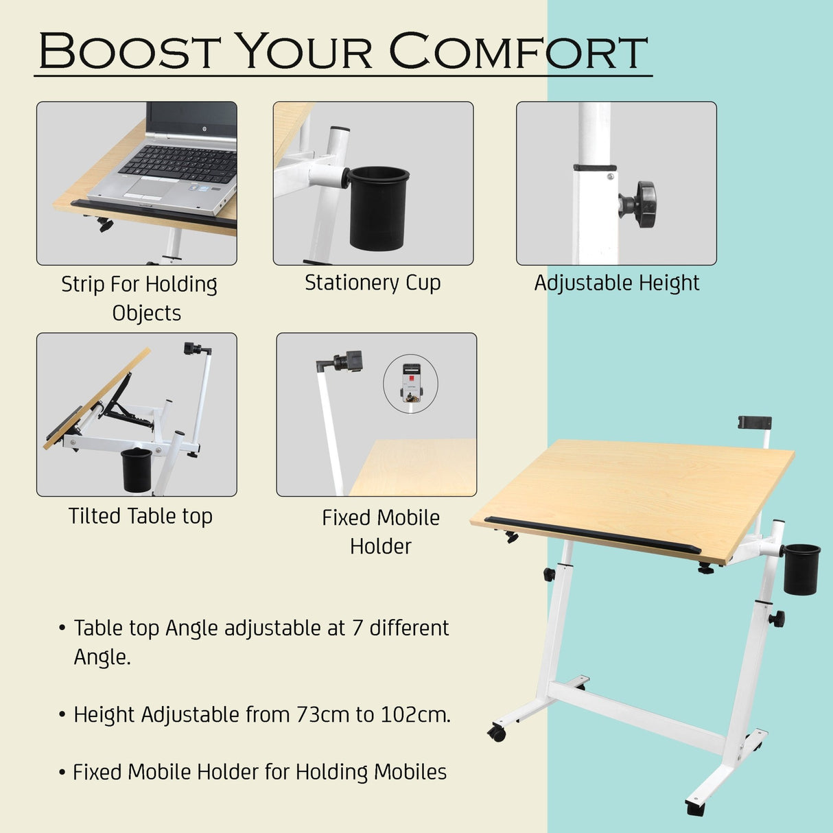 Isomars Multipurpose Laptop Table Study Desk Drawing Table, Caster Lockable Wheels, Adjustable Height and Angle for Work from Home, Office, Bedroom - Isomars
