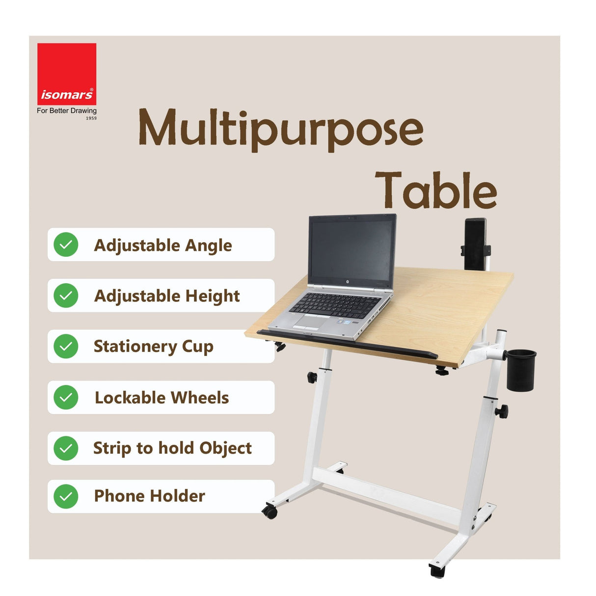 Isomars Multipurpose Laptop Table Study Desk Drawing Table, Caster Lockable Wheels, Adjustable Height and Angle for Work from Home, Office, Bedroom - Isomars