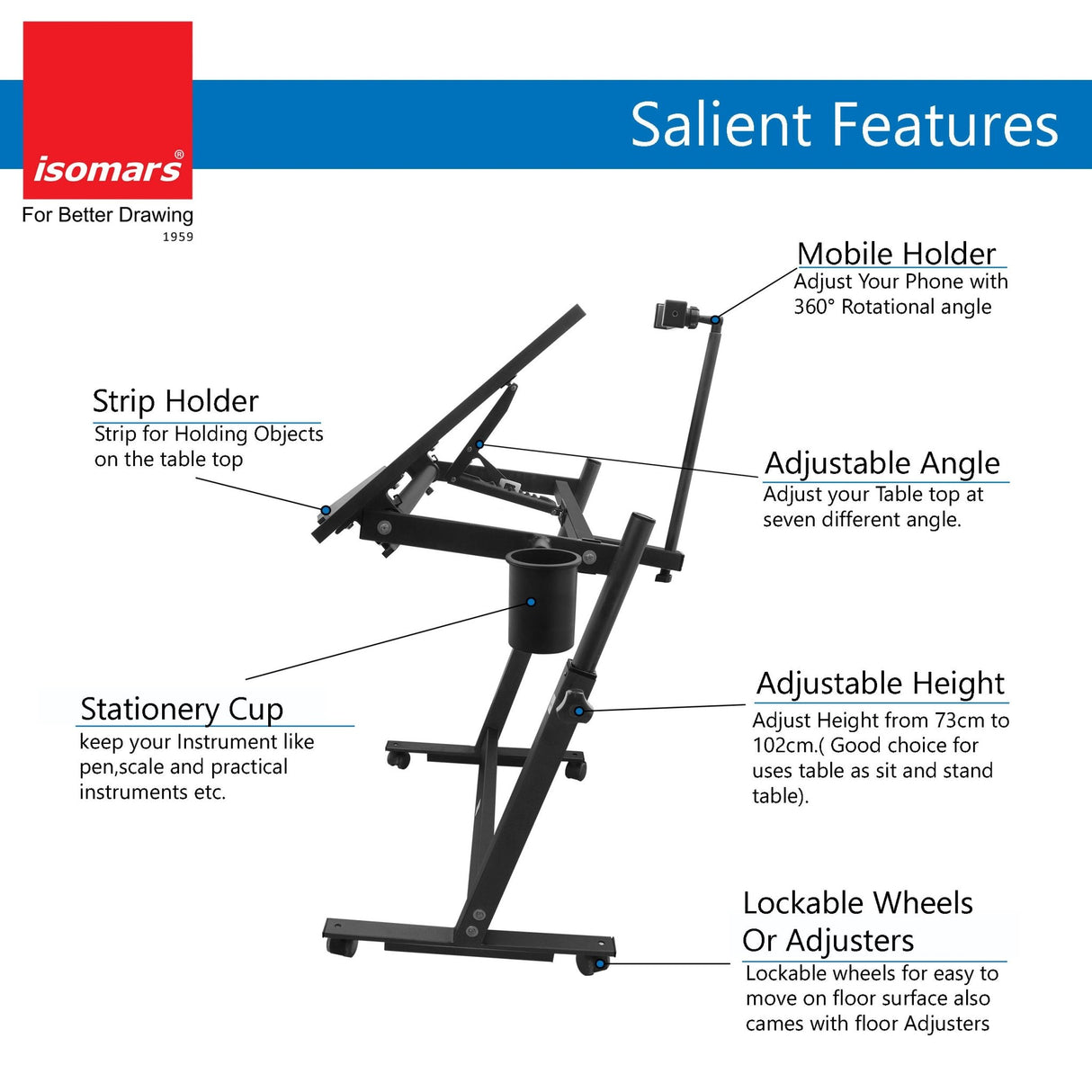 Isomars Multipurpose Laptop Table Study Desk Drawing Table, Caster Lockable Wheels, Adjustable Height and Angle for Work from Home, Office, Bedroom - Black (Alloy Steel) - Isomars