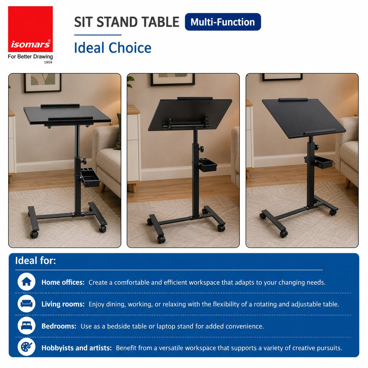 Isomars Multipurpose Laptop Table Study Desk, Lockable Wheels, & Adjustable Height And Angle For Breakfast Table, Wfh & Online Classes (Black) - Isomars