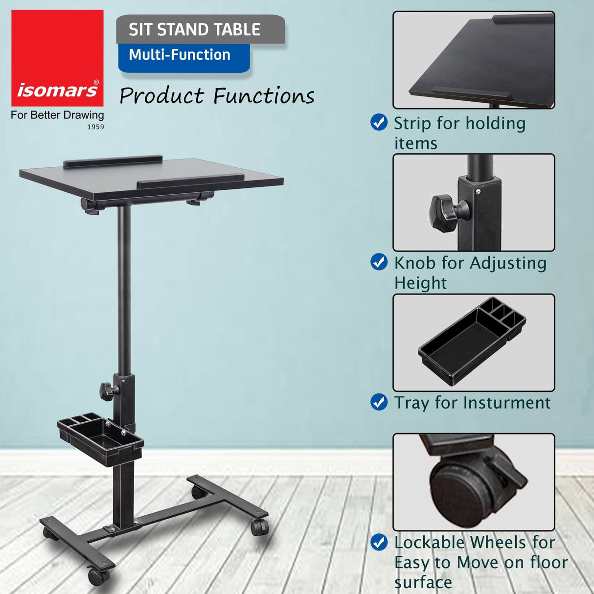 Isomars Multipurpose Laptop Table Study Desk, Lockable Wheels, & Adjustable Height And Angle For Breakfast Table, Wfh & Online Classes (Black) - Isomars