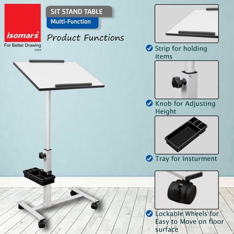 Isomars Multipurpose Laptop Table Study Desk, Lockable Wheels, & Adjustable Height And Angle For Breakfast Table, Wfh & Online Classes (White) - Isomars