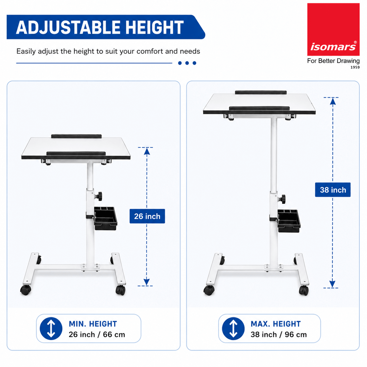 Isomars Multipurpose Laptop Table Study Desk, Lockable Wheels, & Adjustable Height And Angle For Breakfast Table, Wfh & Online Classes (White) - Isomars