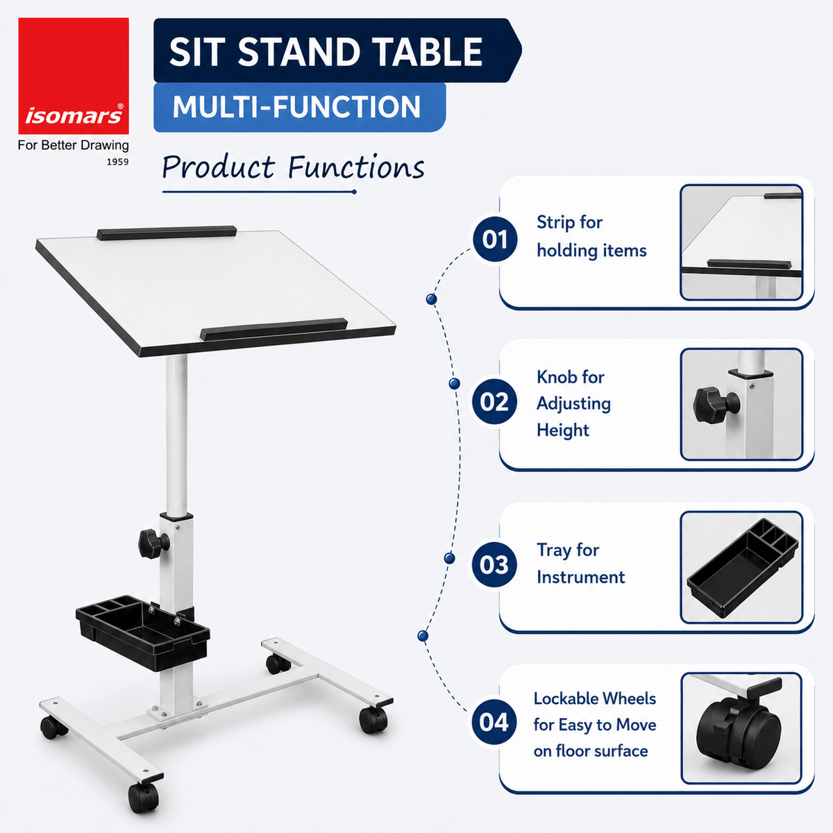Isomars Multipurpose Laptop Table Study Desk, Lockable Wheels, & Adjustable Height And Angle For Breakfast Table, Wfh & Online Classes (White) - Isomars