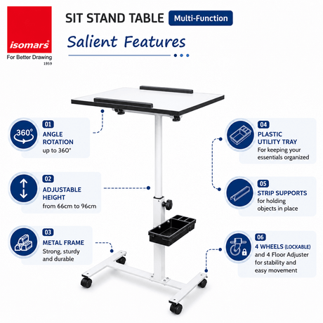 Isomars Multipurpose Laptop Table Study Desk, Lockable Wheels, & Adjustable Height And Angle For Breakfast Table, Wfh & Online Classes (White) - Isomars