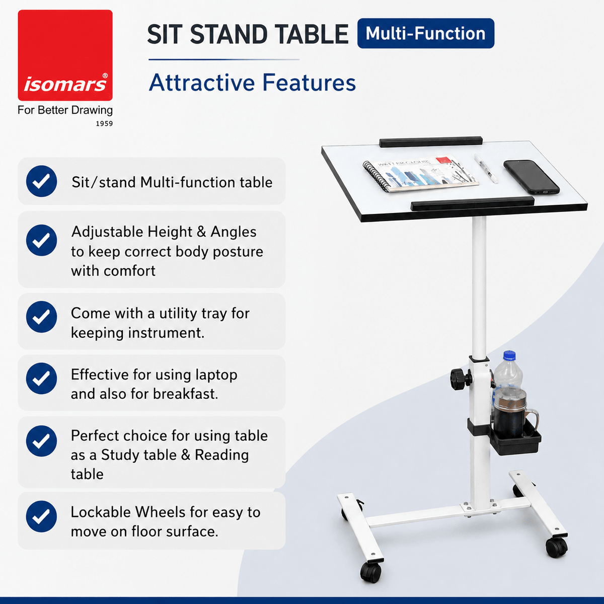 Isomars Multipurpose Laptop Table Study Desk, Lockable Wheels, & Adjustable Height And Angle For Breakfast Table, Wfh & Online Classes (White) - Isomars