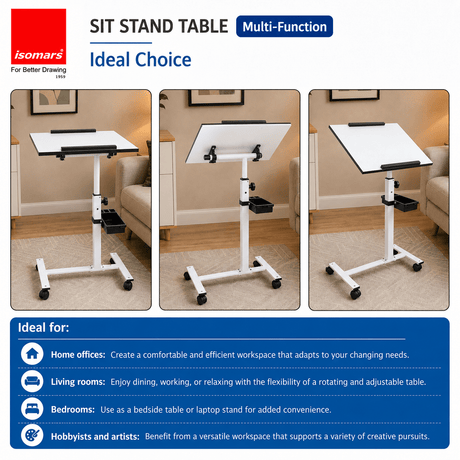 Isomars Multipurpose Laptop Table Study Desk, Lockable Wheels, & Adjustable Height And Angle For Breakfast Table, Wfh & Online Classes (White) - Isomars
