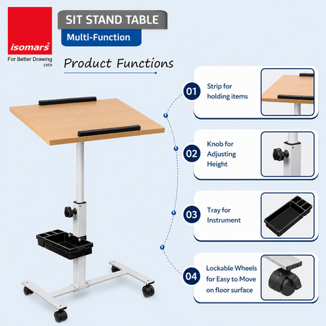 Isomars Multipurpose Laptop Table Study Desk, Lockable Wheels, & Adjustable Height and Angle for Breakfast Table, WFH & Online Classes (Wooden) - Isomars