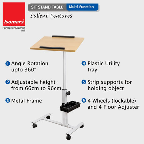 Isomars Multipurpose Laptop Table Study Desk, Lockable Wheels, & Adjustable Height and Angle for Breakfast Table, WFH & Online Classes (Wooden) - Isomars