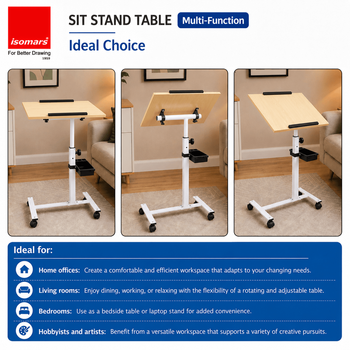 Isomars Multipurpose Laptop Table Study Desk, Lockable Wheels, & Adjustable Height and Angle for Breakfast Table, WFH & Online Classes (Wooden) - Isomars