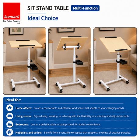 Isomars Multipurpose Laptop Table Study Desk, Lockable Wheels, & Adjustable Height and Angle for Breakfast Table, WFH & Online Classes (Wooden) - Isomars