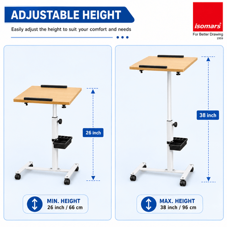 Isomars Multipurpose Laptop Table Study Desk, Lockable Wheels, & Adjustable Height and Angle for Breakfast Table, WFH & Online Classes (Wooden) - Isomars