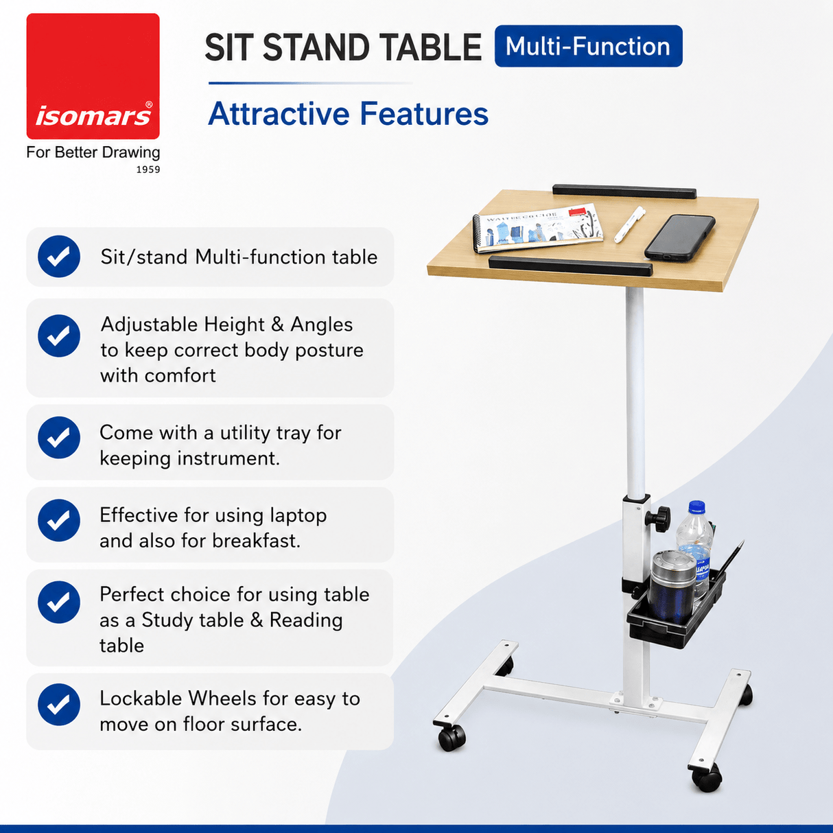 Isomars Multipurpose Laptop Table Study Desk, Lockable Wheels, & Adjustable Height and Angle for Breakfast Table, WFH & Online Classes (Wooden) - Isomars