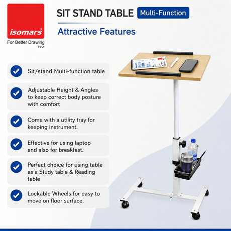 Isomars Multipurpose Laptop Table Study Desk, Lockable Wheels, & Adjustable Height and Angle for Breakfast Table, WFH & Online Classes (Wooden) - Isomars