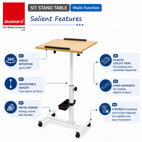 Isomars Multipurpose Laptop Table Study Desk, Lockable Wheels, & Adjustable Height and Angle for Breakfast Table, WFH & Online Classes (Wooden) - Isomars