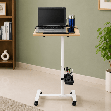 Isomars Multipurpose Laptop Table Study Desk, Lockable Wheels, & Adjustable Height and Angle for Breakfast Table, WFH & Online Classes (Wooden) - Isomars