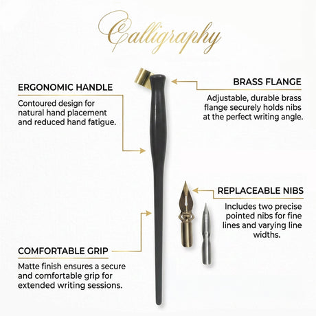 Isomars Oblique Calligraphy Holder with Brass Flange & 2 Professional Nibs for Copperplate and modern calligraphy - Isomars