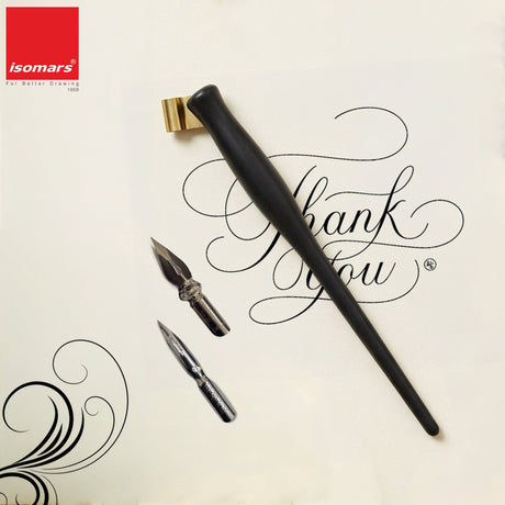 Isomars Oblique Calligraphy Holder with Brass Flange & 2 Professional Nibs for Copperplate and modern calligraphy - Isomars