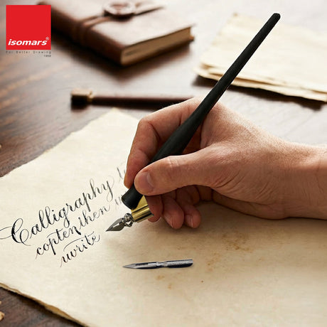 Isomars Oblique Calligraphy Holder with Brass Flange & 2 Professional Nibs for Copperplate and modern calligraphy - Isomars