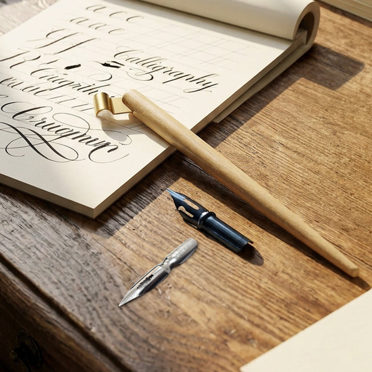 Isomars Oblique Wooden Calligraphy Holder with brass flange, English flex nib & mapping nib for elegant calligraphy and fine lettering - Isomars