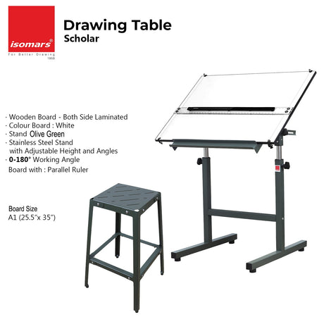 Isomars Olive Green Drawing Board Table - Scholar A1 White Laminated Board 25.5"x35" with Parallel Ruler and Drafting Olive Green Metal Stool Set | Complete Engineer, Draughtsman, Architects Set - Isomars