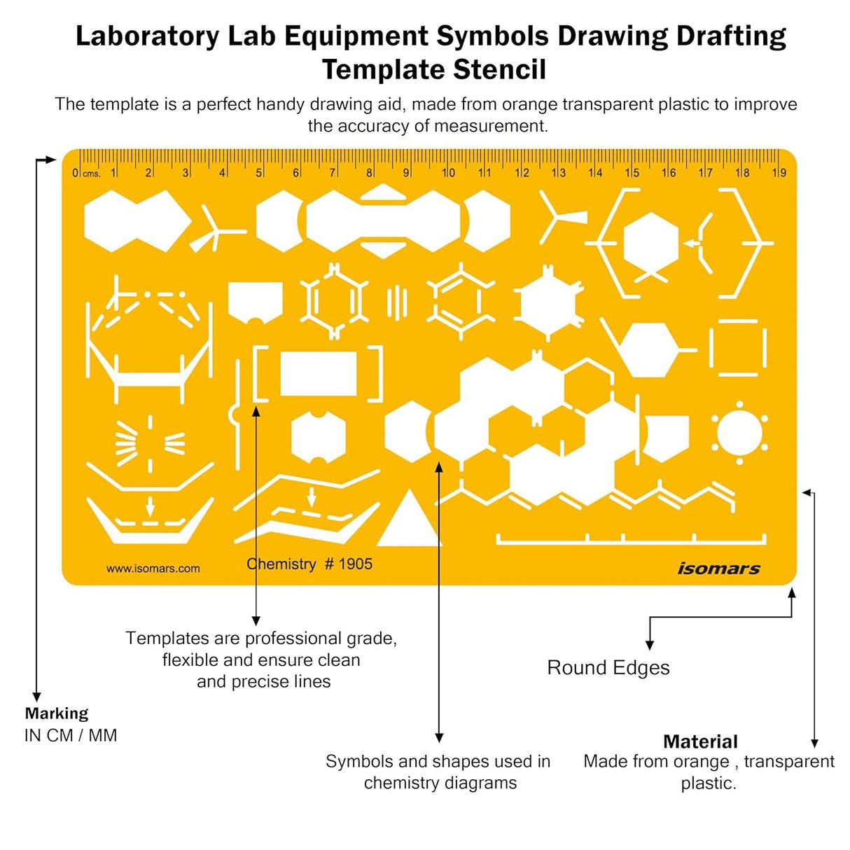 Isomars Organic Chemistry Drawing Template Stencil, Molecular Structure & Chemical Bond Diagram Tool with Benzene Rings, Hexagons, Reaction Symbols and cm/mm Ruler for Students, Chemistry Practicals & Scientific Drafting - Isomars