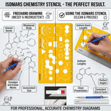 Isomars Organic Chemistry Drawing Template Stencil, Molecular Structure & Chemical Bond Diagram Tool with Benzene Rings, Hexagons, Reaction Symbols and cm/mm Ruler for Students, Chemistry Practicals & Scientific Drafting - Isomars