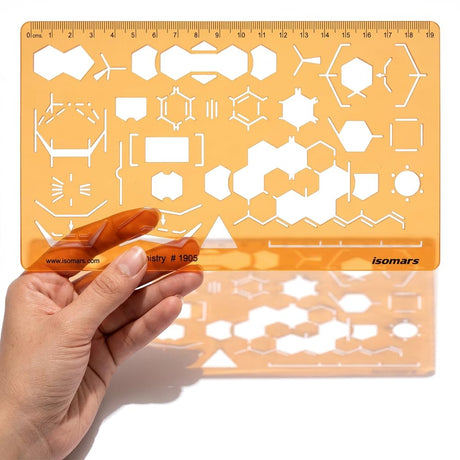 Isomars Organic Chemistry Drawing Template Stencil, Molecular Structure & Chemical Bond Diagram Tool with Benzene Rings, Hexagons, Reaction Symbols and cm/mm Ruler for Students, Chemistry Practicals & Scientific Drafting - Isomars