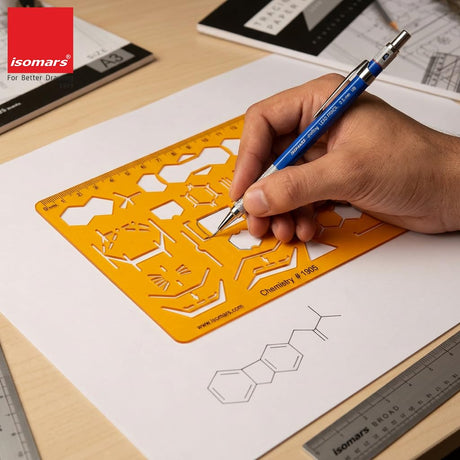 Isomars Organic Chemistry Drawing Template Stencil, Molecular Structure & Chemical Bond Diagram Tool with Benzene Rings, Hexagons, Reaction Symbols and cm/mm Ruler for Students, Chemistry Practicals & Scientific Drafting - Isomars