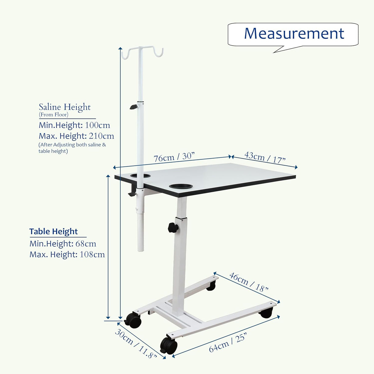 Isomars Overbed Table with Saline Stand | Adjustable Bedside Table with Wheels | Adjustable Height | Hospital Bedside Table with Lockable Wheels Best for Breakfast in Hospital and Home. - Isomars
