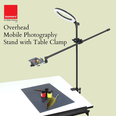 Isomars Overhead Mobile Stand for Photography & Videography, Table Holding clamp, 360°Adjustable Arm with Height Adjustment, Stand Height Adjustment top to Bottom, Overhead Photos of Products - Isomars