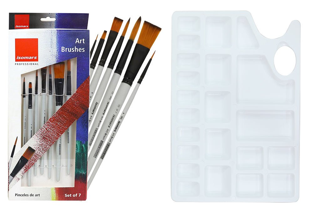 Isomars Paint Brush Set of 7 with Colour Mixing Palette Flat & Round Brush - Isomars