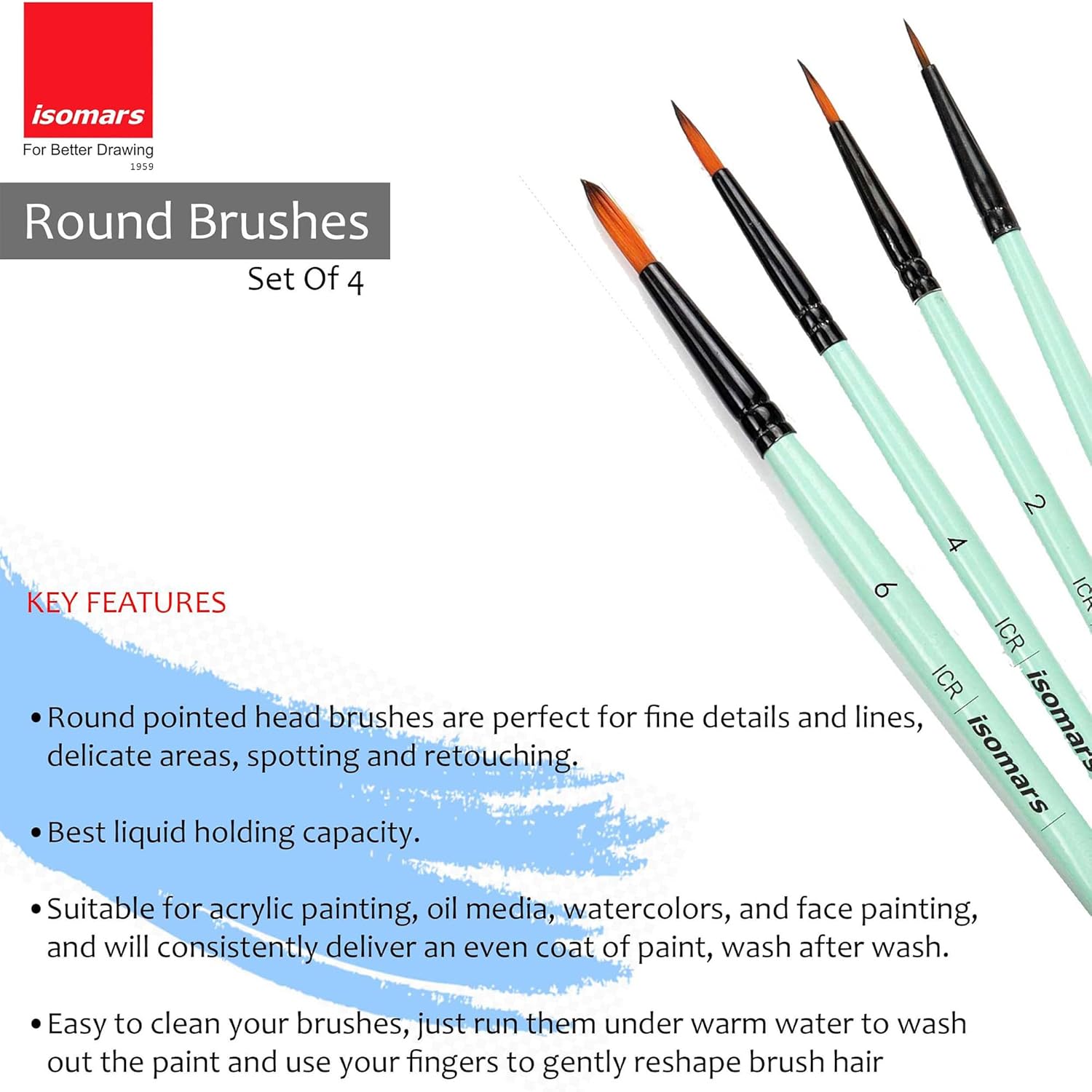 Isomars Paint Brushes Round Brush Set of 4 | Premium Synthetic Pointed Artist Brushes for Acrylic, Oil, Watercolor & Mixed Media | Ideal for Artists, Students & Hobbyists - Isomars