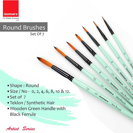 Isomars Paint Brushes Round Brush Set of 7 | Professional Synthetic Pointed Artist Brushes for Acrylic, Oil, Watercolor & Mixed Media Painting | Ideal for Artists, Students & Hobbyists - Isomars
