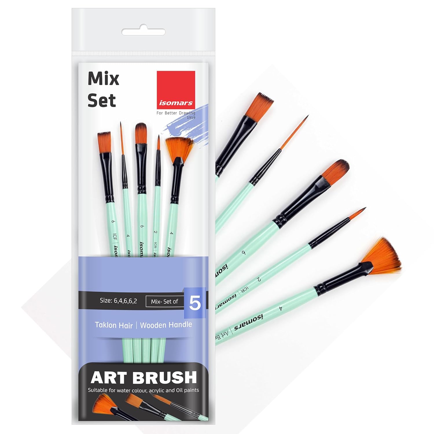 Isomars Paint Brushes Set of 5 Mixed Professional Brushes | Synthetic Artist Brush Assortment for Acrylic, Oil, Watercolor & Mixed Media Painting | Filbert, Fan, Round Liner, Flat & Round - Isomars