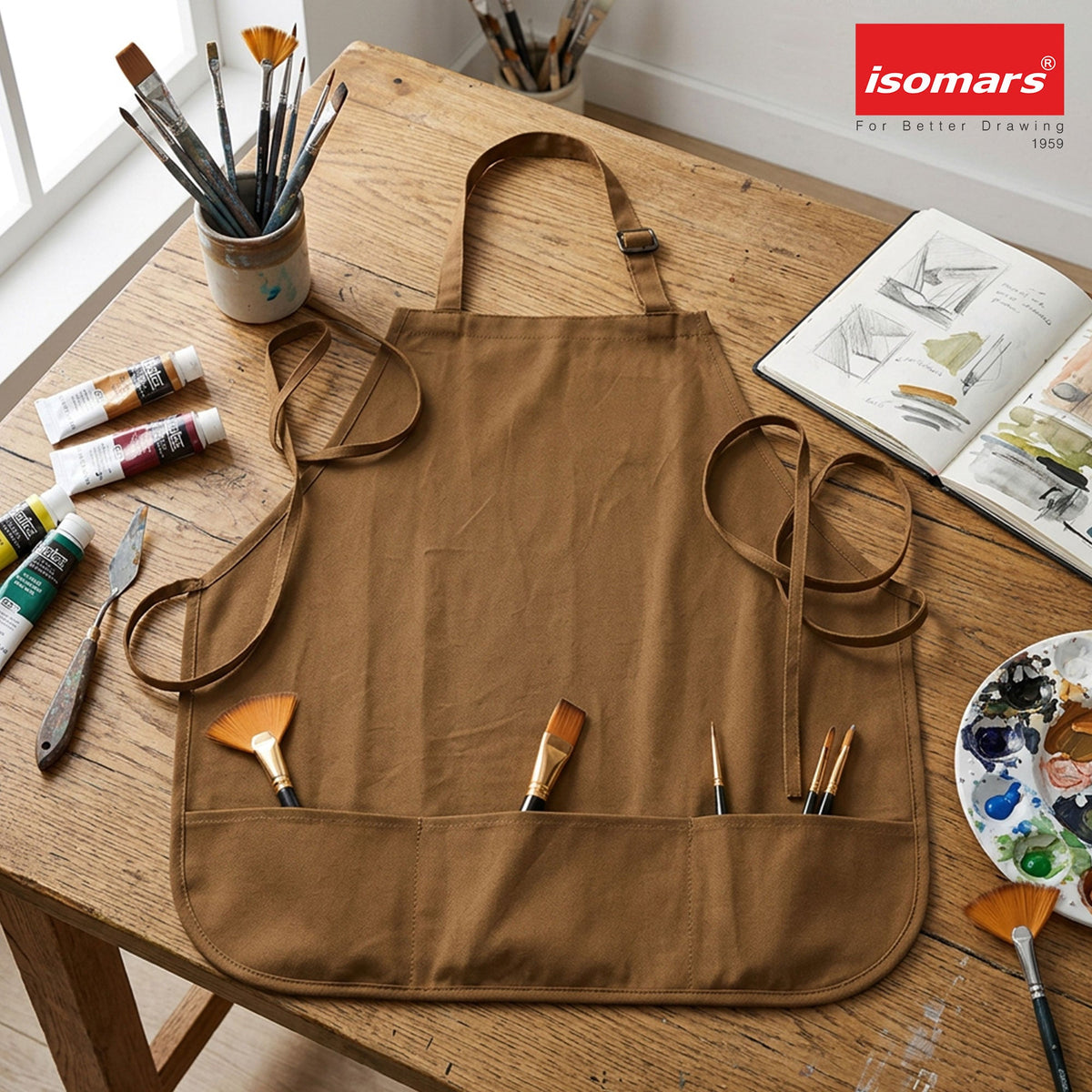 Isomars Painter’s Apron, Large, 10 oz Cotton Canvas, 3 Pockets, Brown - Isomars