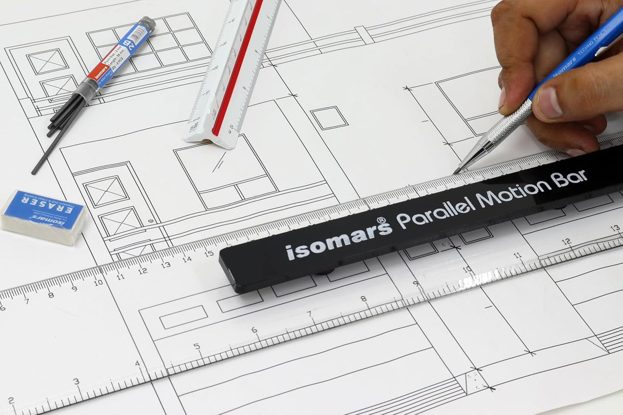 Isomars Parallel Bar (32 Inches) with Triangular Scale (No.2) | Metal Clamps & Mechanical Pencil 2mm with Lead and Eraser | Ideal For Architect, Interior Design and Drafting Students - Isomars