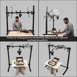 ISOMARS Photography Stand for Overhead Photos & Videos with Camera & Smartphone. Adjust at 10 Different Height. Two Light Holder and Bracket & Clips for Holding Background Sheets. - Isomars