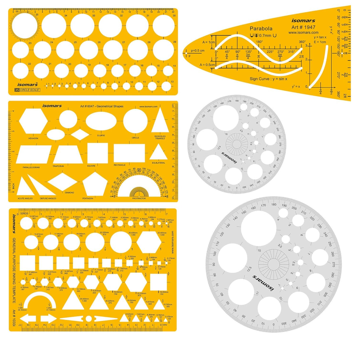 Isomars Pro Circle Small (16 Circles), Pro Circle Big (25 Circles), Circle Template, Parabola Template, Geometry Template, Combination Template | Ideal for Mandala Art | Engineering & Architect Drafting Students - Isomars